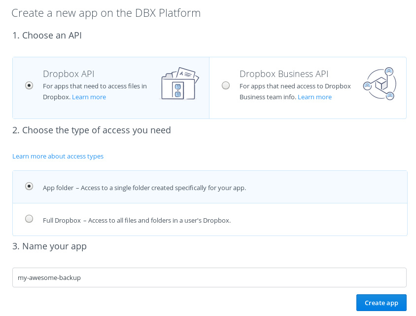 dropbox create app